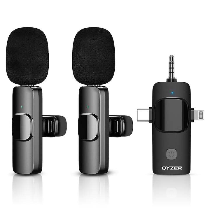 Комплект От 2 Професионални Микрофона Тип Лавалиер Qyzer®, Безжични Микрофони Лавалиер С USB-C, Lightning, 3.5mm Жак, Презареждаеми 2.4GHz, Микрофони С Намаляване На Фоновия Шум, Съвместими С Телефон, DSLR, Лаптоп, iOS, Android, iPad, Интервюта, Live