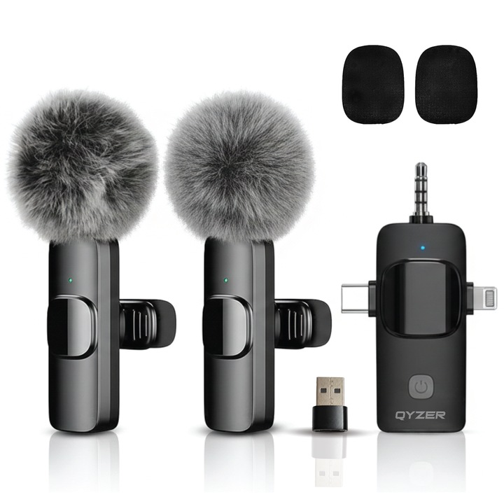 Set 2 Microfoane Lavaliera Profesionale, Qyzer®, Microfoane Wireless Lavaliera Cu USB-C, Lightning, Jack 3.5mm, Microfoane Reincarcabile 2.4 GHz Cu Reducere Zgomot, Compatibile Cu Telefon, DSLR, Laptop, iOS, Android, iPad, Interviuri Si Live, Portabile