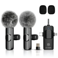 Set 2 Microfoane Lavaliera Profesionale, Qyzer®, Microfoane Wireless Lavaliera Cu USB-C, Lightning, Jack 3.5mm, Microfoane Reincarcabile 2.4 GHz Cu Reducere Zgomot, Compatibile Cu Telefon, DSLR, Laptop, iOS, Android, iPad, Interviuri Si Live, Portabile