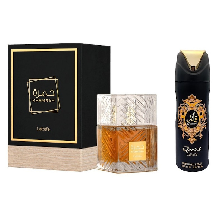Set Apa de Parfum Lattafa Khamrah 100 ml + Spray Deodorant Qaa`ed 200 ml