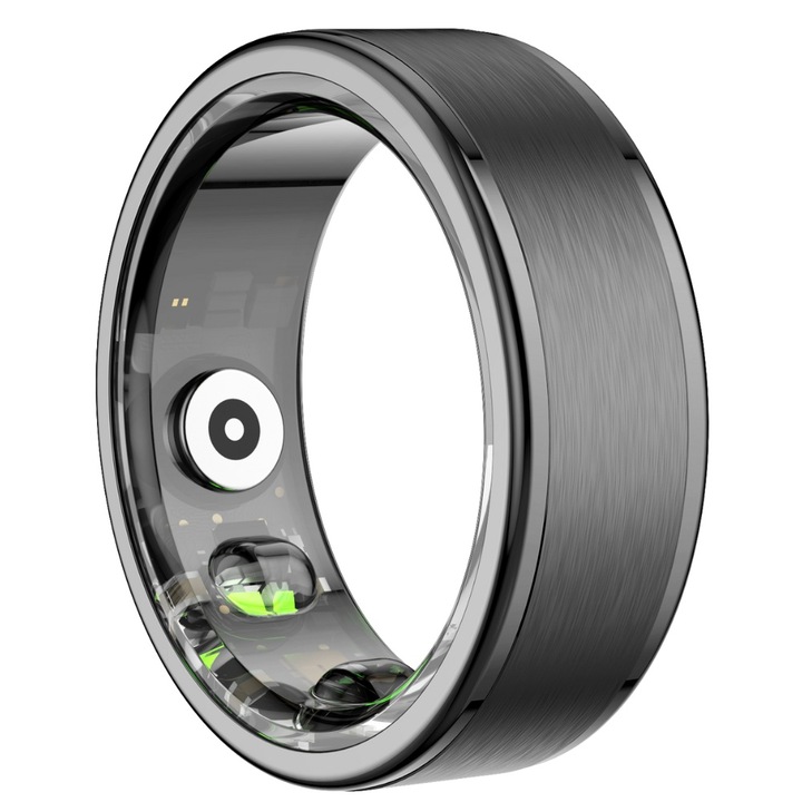 Inel inteligent, Smart Ring, TKY-R3, Rezistent la apa 5 ATM, monitorizeaza nivelul de stres, oxigenul din sange, ritmul cardiac, analiza somn, otel negru, Marime 11, 64,6 mm