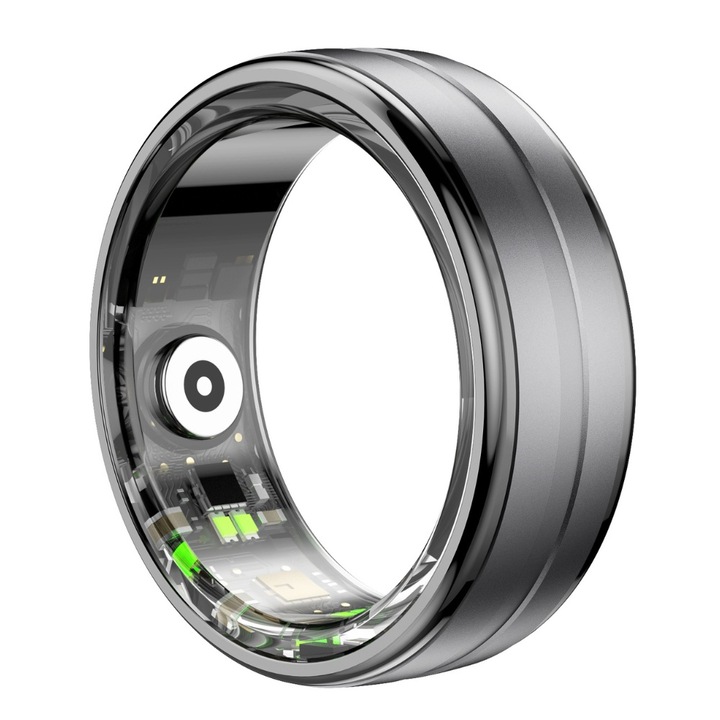 Inel inteligent, Smart Ring, TSR06, Rezistent la apa 5 ATM, monitorizeaza nivelul de stres, oxigenul din sange, ritmul cardiac, analiza somn, aluminiu aeronautic, negru, marime 8, 56,9 mm