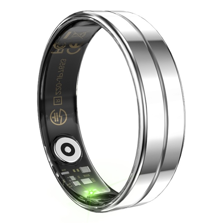 Inel inteligent, Smart Ring, TSR11, Rezistent la apa 5 ATM, monitorizeaza, oxigenul din sange, temperatura, ritmul cardiac, control prin gesturi, fotografiere de la distanta, analiza somn, otel silver, Marime 11, 64,6 mm