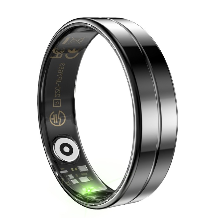 Inel inteligent, Smart Ring, TSR11, Rezistent la apa 5 ATM, monitorizeaza, oxigenul din sange, temperatura, ritmul cardiac, control prin gesturi, fotografiere de la distanta, analiza somn, otel negru, Marime 10, 62,1 mm