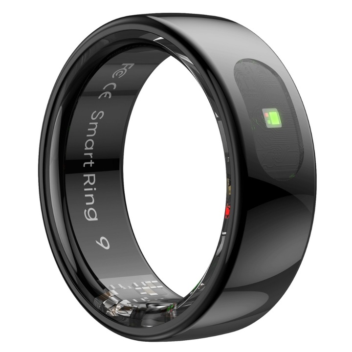 Inel inteligent, Smart Ring, TSR08, Rezistent la apa 5 ATM, monitorizeaza nivelul de stres, oxigenul din sange, temperatura, ritmul cardiac, analiza somn, otel negru, Marime 9, 59,5 mm