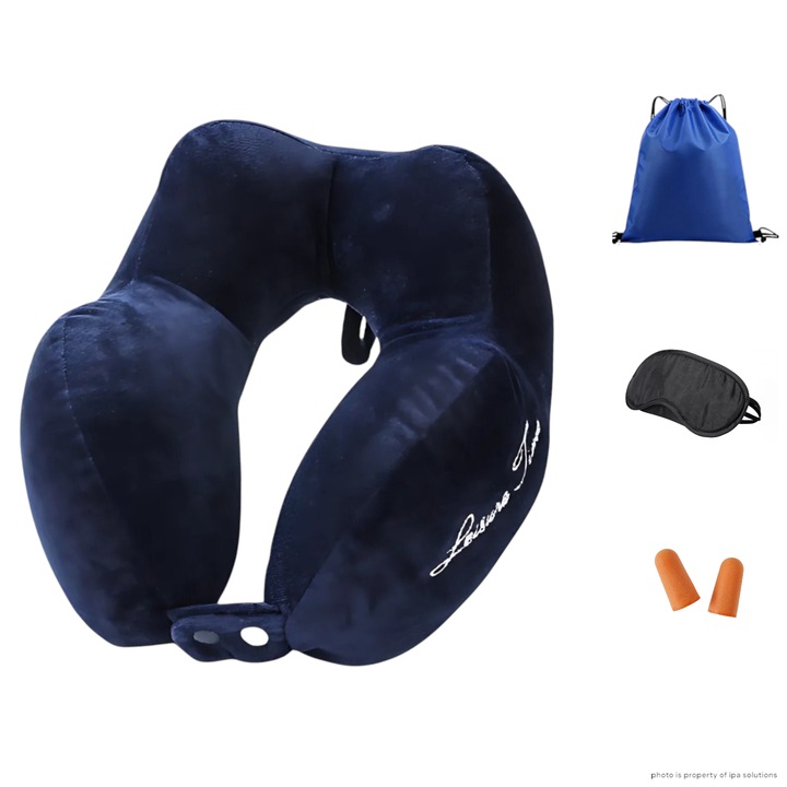 Set calatorie cu perna gat, masca ochi, dopuri de urechi, rucsac de depozitare si transport, albastru marin