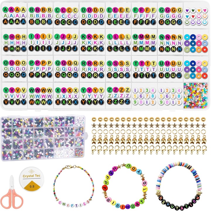 Set 3440 Margele creatie DIY pentru copii - Bratarile prietenieii – Litere A–Z, Margele Clay, Sticla, Numere, Inimi, Accesorii si Elastic, multicolor