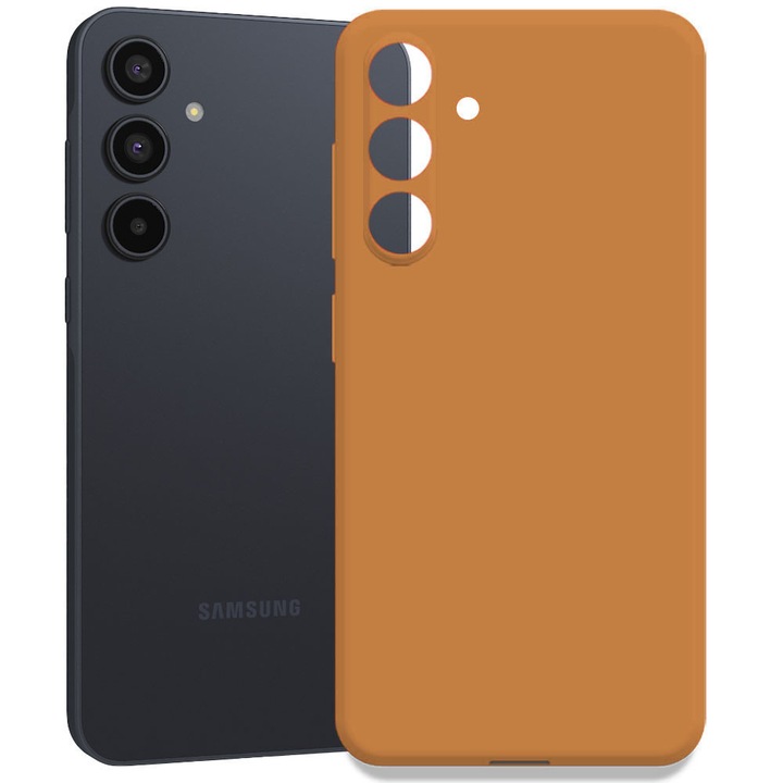 Husa pentru Samsung Galaxy A55 5G, Color Shield, Interior de catifea, Suprafata aderenta, Protectie antisoc, Margini ridicate, Regular Fit, Silicon, Maro caramel