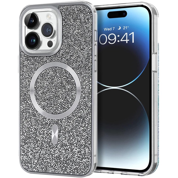 Калъф за Apple iPhone 15 Pro Max, Aurora Sparkle, Anti-Shock, съвместим с MagSafe Charging, Applied Crystals, блестящ, стабилна фиксация, ултратънък, висококачествени материали, против надраскване, сив