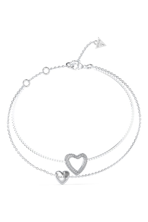 GUESS, Bratara din otel inoxidabil cu siragu dublu si inimi din cristale, Argintiu