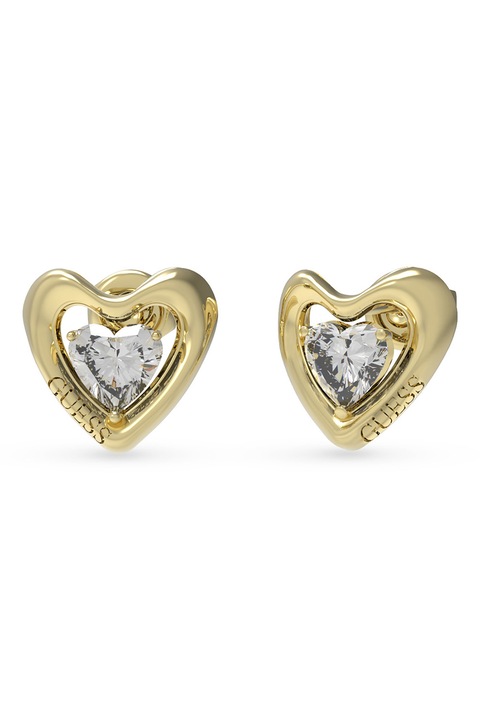 GUESS, Cercei din otel inoxidabil in forma de inima cu tija, Auriu, Transparent
