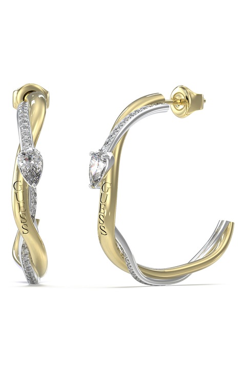 GUESS, Cercei din otel inoxidabil cu model in doua tonuri si cristale, Auriu, Transparent