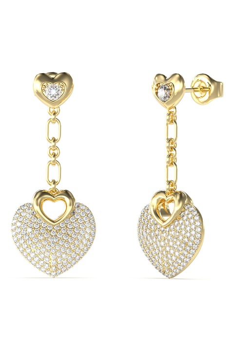 GUESS, Cercei de otel inoxidabil cu inima, Auriu, Transparent