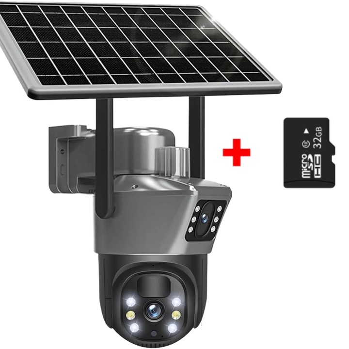 Camera Supraveghere Video Duala, 4K, Cu Panou Solar EMATTERIO®, Conexiune 4G, 8MP, Night Vision, Detectie Miscare, Panou solar 8 wati, Baterii 8000mAh, Cablu USB, Card Memorie 32GB Cadou