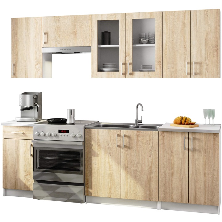 Set mobilier bucatarie LIMA, Akord Furniture Factory, 2.4m, culoare stejar sonoma, blat alb, H720