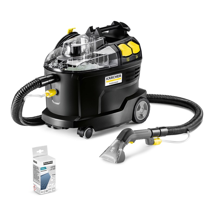 Aparat de curatat cu spray-extractie Karcher Puzzi 8/1 Anniversary Edition, 1200 W, pompa 40 W, rezervor apa curata 8/7 l, presiune 1 bar, vacuum 27 kPa, include duza pentru tapiterie, detergent tablete RM 760, furtun stropire/aspirare 2.5m