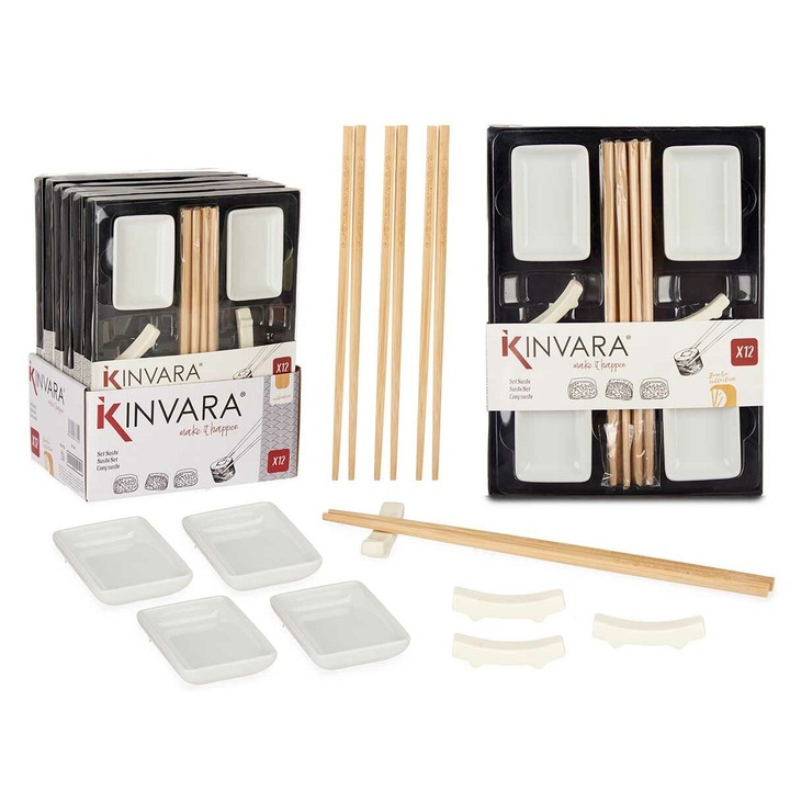Set tacamuri pentru sushi si boluri pentru sos KINVARA, 12 piese, bambus/portelan, alb/bej, 6 buc