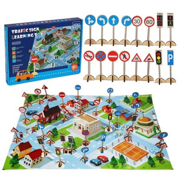 Joc semne de circulatie si indicatoare de circulatie, educativ, Montessori, din lemn, E-Toy