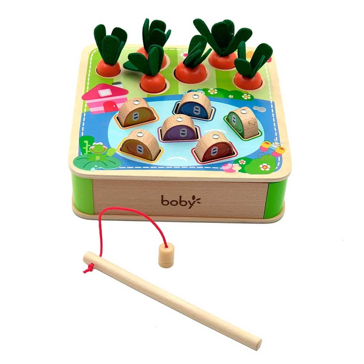 Joc interactiv din lemn, culege morcovi si pescuieste, Montessori, pentru motricitate fina si potrivirea formelor, SALLMA®