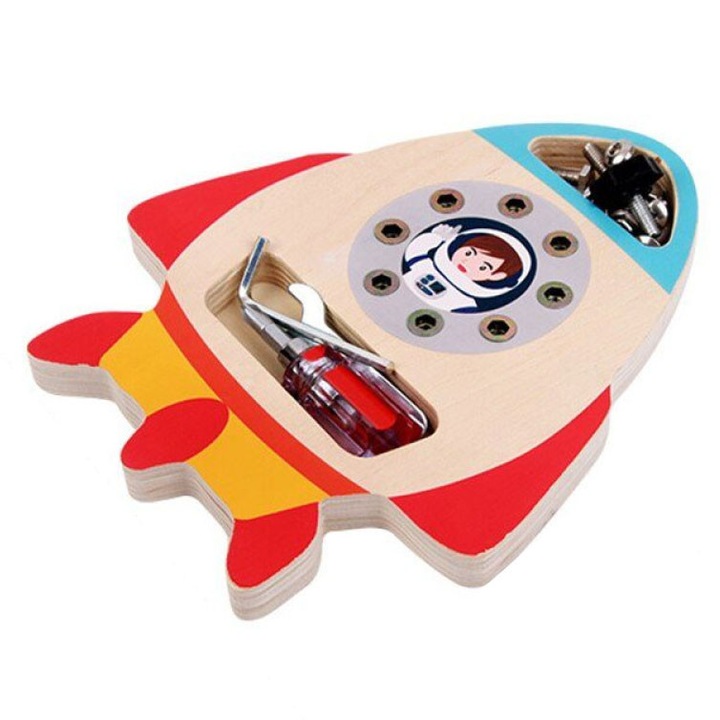 Joc banc de scule din lemn, naveta spatiala, Montessori, 5 in 1, SARALMA®