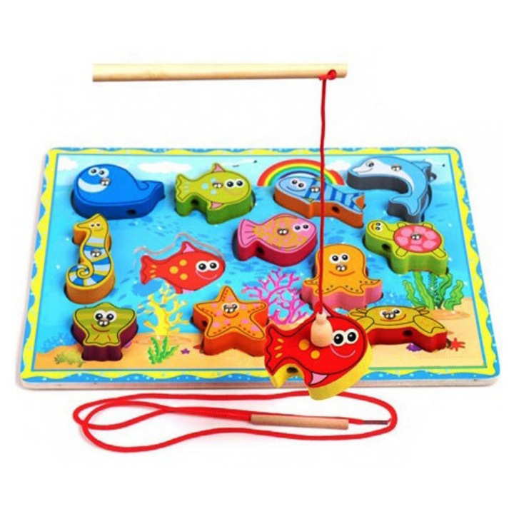 Joc de pescuit magnetic din lemn, snuruit, puzzle incastru, SALLMA®