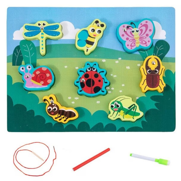 Joc de pescuit din lemn si magnet, snuruit, puzzle incastru si tabla de desenat, cu insecte, SARA-SHOP