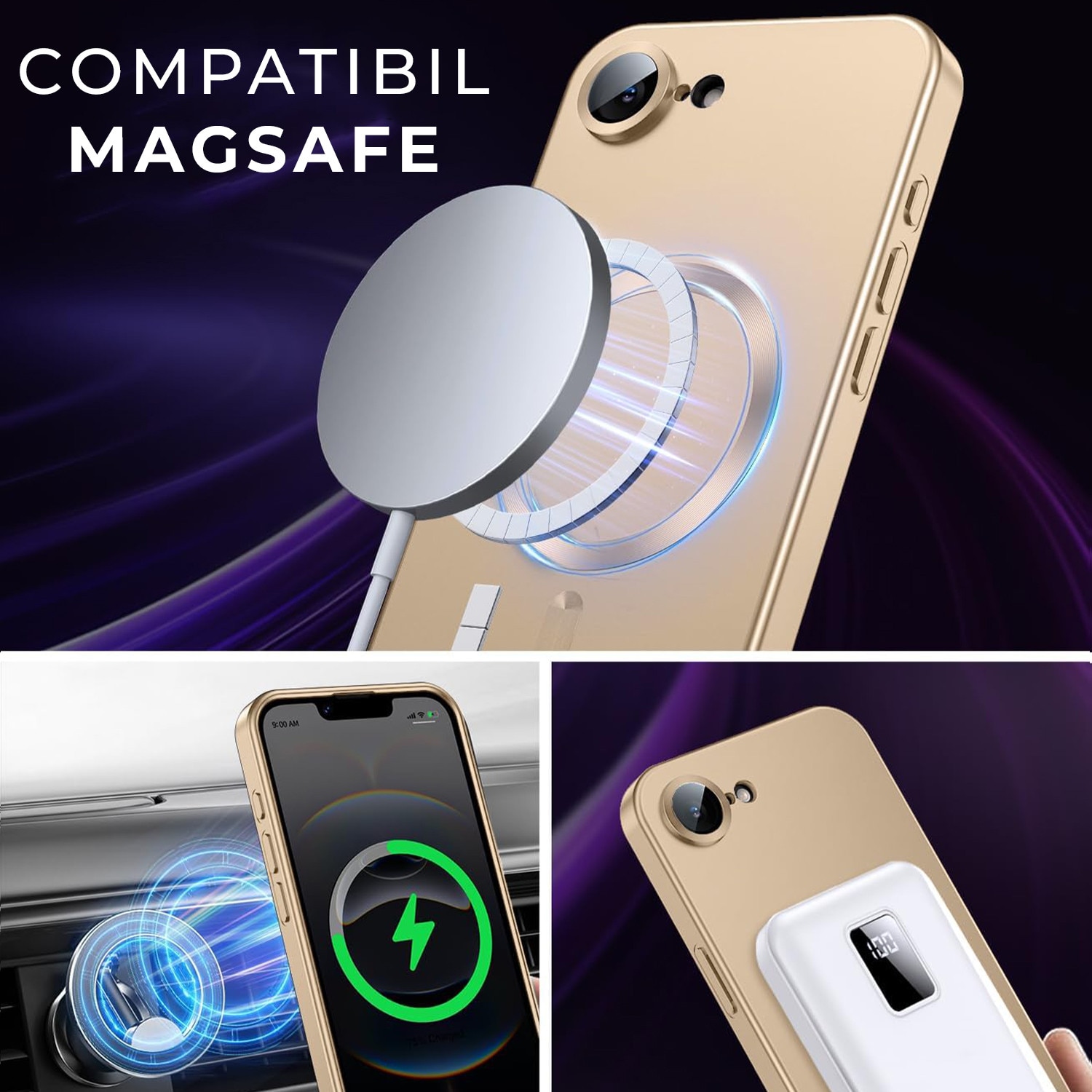 Husa pentru Iphone 16e Daden Magsafe Luxury cu protectie camera, Antisoc, Transparent cu margini aurii
