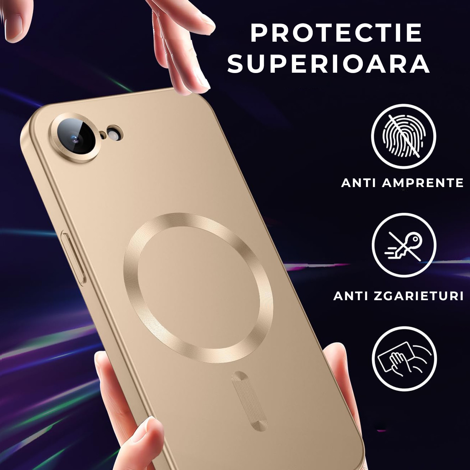 Husa pentru Iphone 16e Daden Magsafe Luxury cu protectie camera, Antisoc, Transparent cu margini aurii