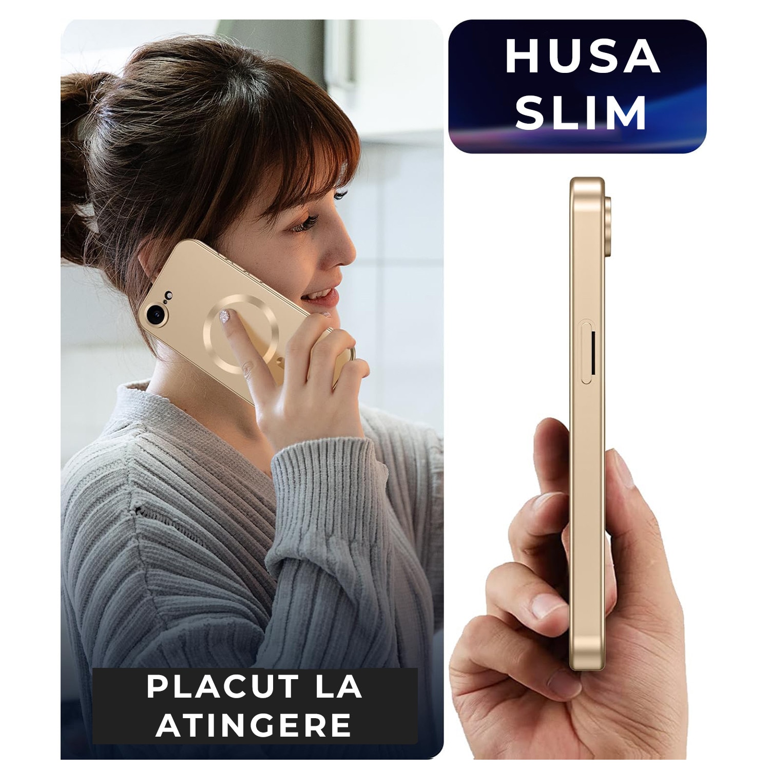 Husa pentru Iphone 16e Daden Magsafe Luxury cu protectie camera, Antisoc, Transparent cu margini aurii