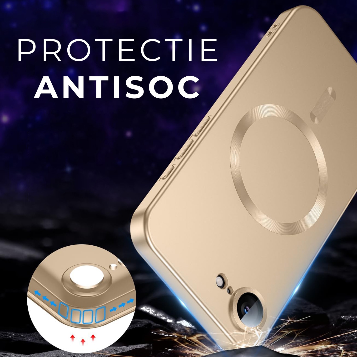 Husa pentru Iphone 16e Daden Magsafe Luxury cu protectie camera, Antisoc, Transparent cu margini aurii