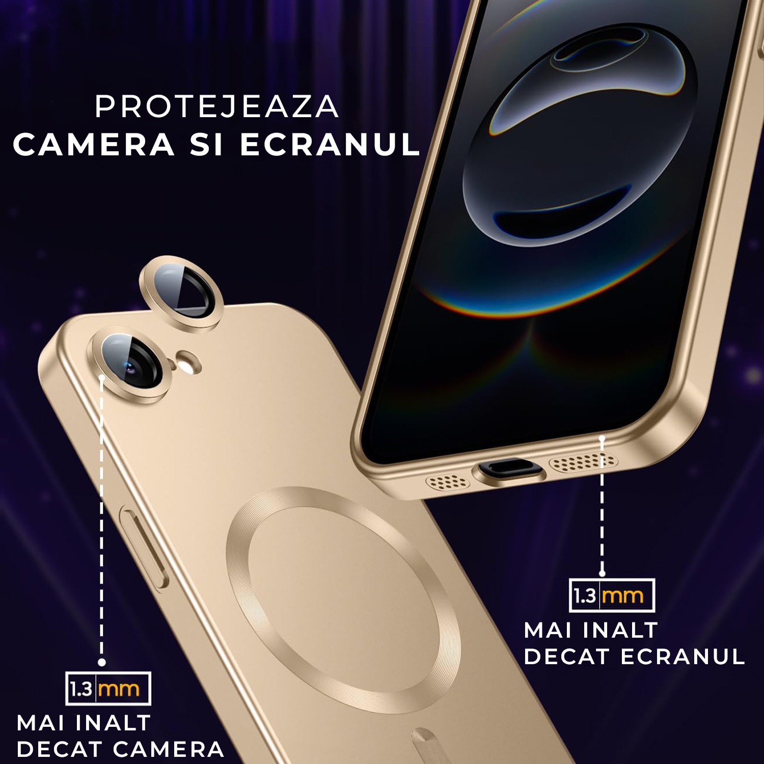 Husa pentru Iphone 16e Daden Magsafe Luxury cu protectie camera, Antisoc, Transparent cu margini aurii