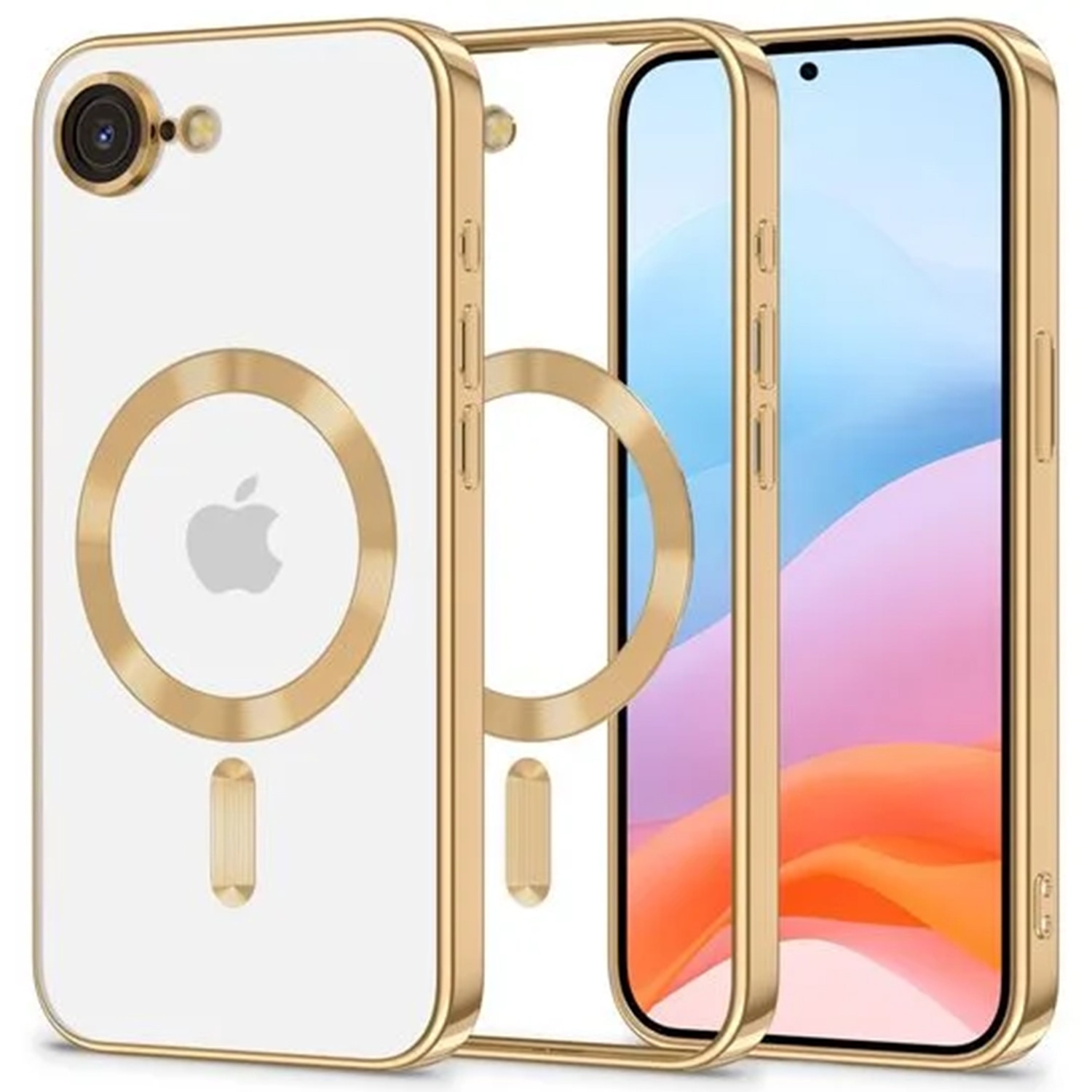 Husa pentru Iphone 16e Daden Magsafe Luxury cu protectie camera, Antisoc, Transparent cu margini aurii