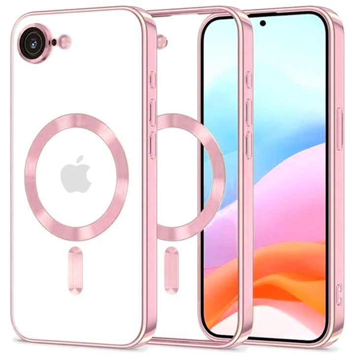 Husa pentru Iphone 16e Daden Magsafe Luxury cu protectie camera, Antisoc, Transparent cu margini roz