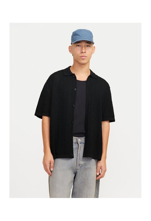 Férfi ing, Jack and Jones, 304778254, Újrahasznosított poliészter/pamut, Fekete, Fekete