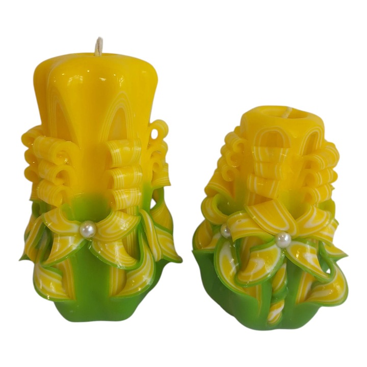 Комплект от 2 ръчно резбовани свещи Lumanarela, жълто със зелено, 6х14 см и 6х10 см