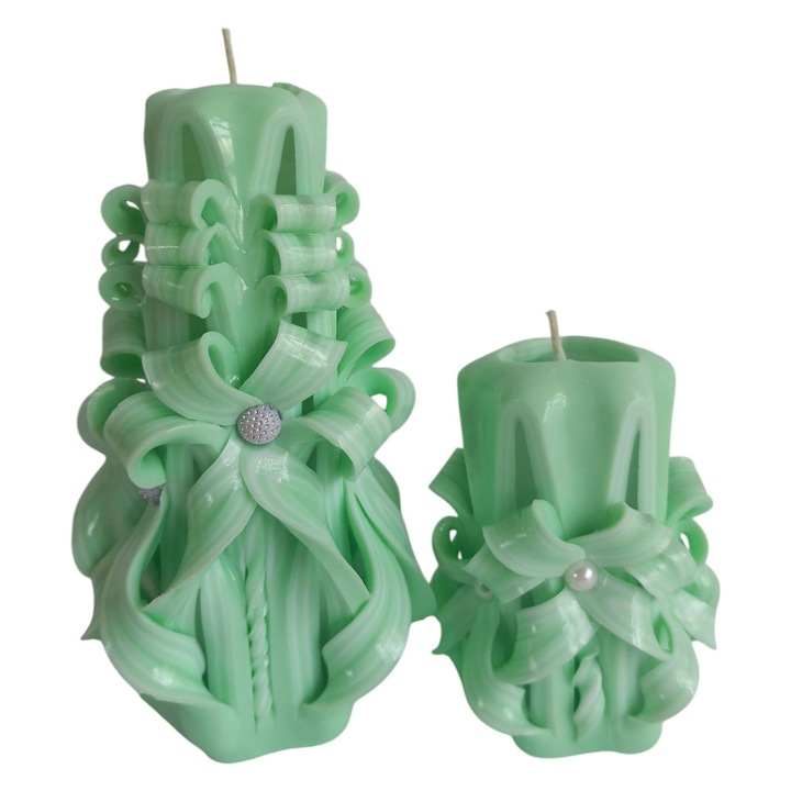 Комплект от 2 ръчно резбовани свещи, Lumanarela, пастелнозелени, 6x17 см и 6x10 см