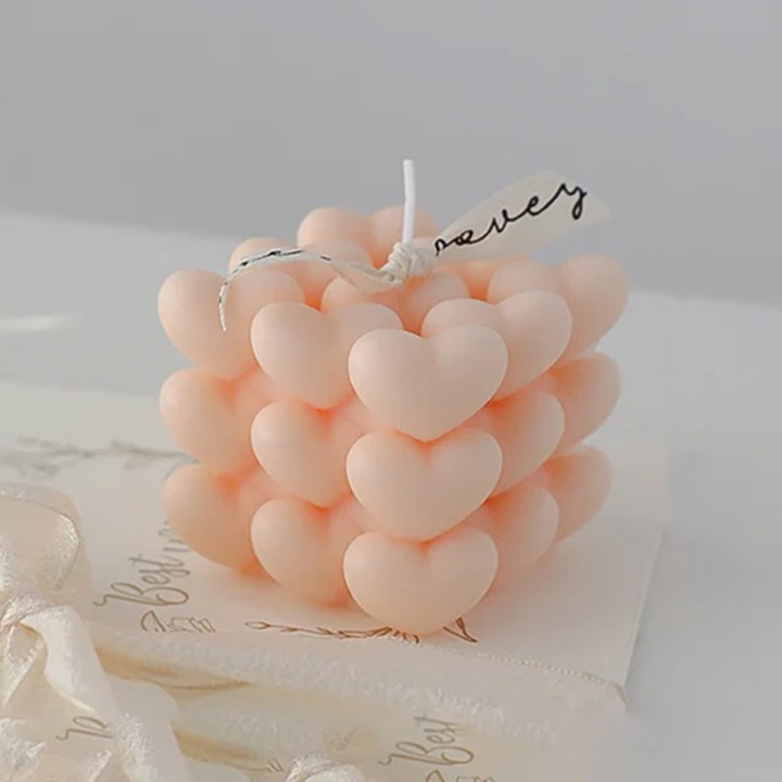 Lumanare Parfumata Decorativa, By Fitilomania, Model Abstract Cub din Inimioare, Lumanare pentru Diferite Ocazii, 6 x 5.5 cm, Aroma de Portocala, Portocaliu