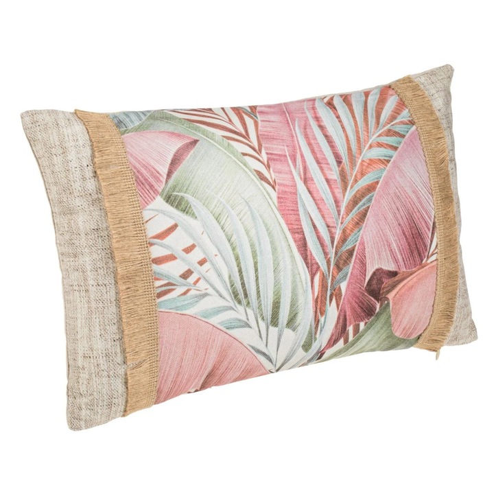 Perna Decorativa de Vara Ecru Roz cu Frunze Tropicale & Margine din Iuta 50x30cm