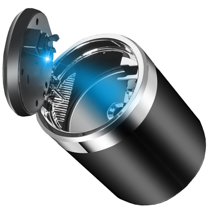 Scrumiera, pentru auto, lumina led, detasabila, capacitate 60 mucuri de tigari, interior metalic lavabil, capac etans cu arc, demontare usoara, Negru, OptimStar®