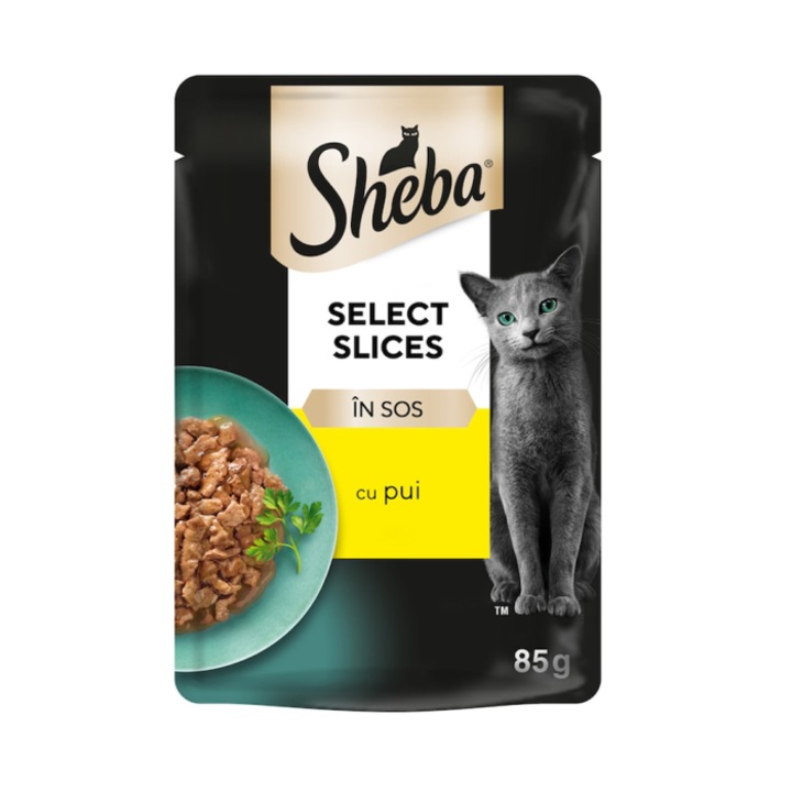 Sheba nedves macskaeledel, válogatott szeletek, csirke mártásban, 85 g, felnőtt macskáknak