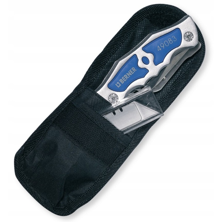 Cutit pliabil Berner, 65mm, maner cu parti din cauciuc, cu 10 lame trapezoidale, etui nylon