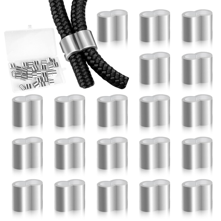 Alumínium hüvely zsinórokhoz, Enforose, 20 db-os készlet, ezüst, időjárásálló, kötéldiaméter 8 mm-ig