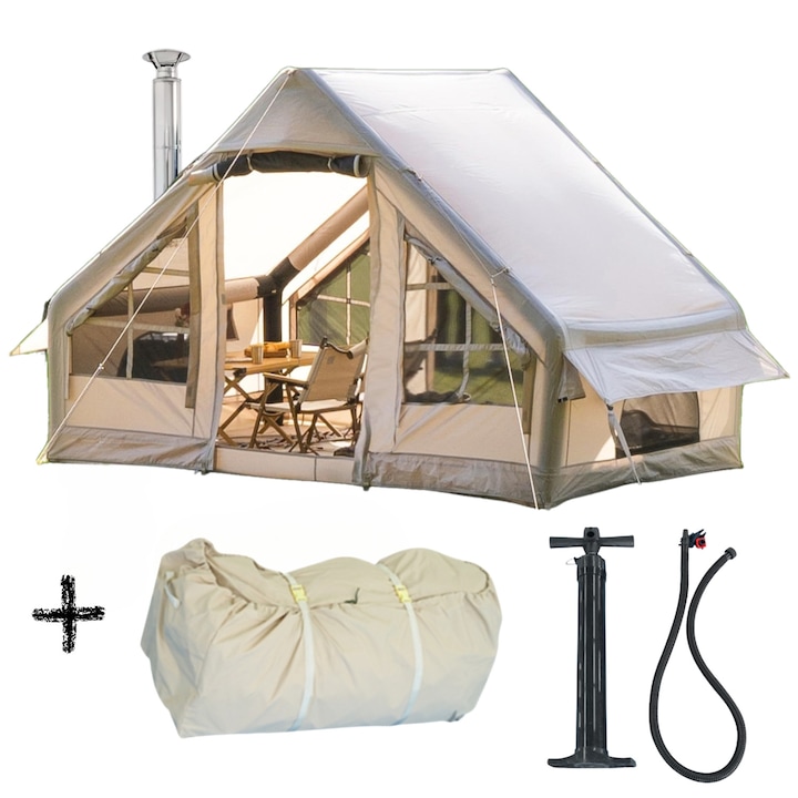 Надуваема палатка, водоустойчива, издръжлива материя - обработени със силикон шевове, тип къща 200x300x215 см, помпа (лесна за надуване) лесно сглобяване, идеална за къмпинг и събития, 4-6 души, много устойчива на вятър, 10 вентилационни отвора