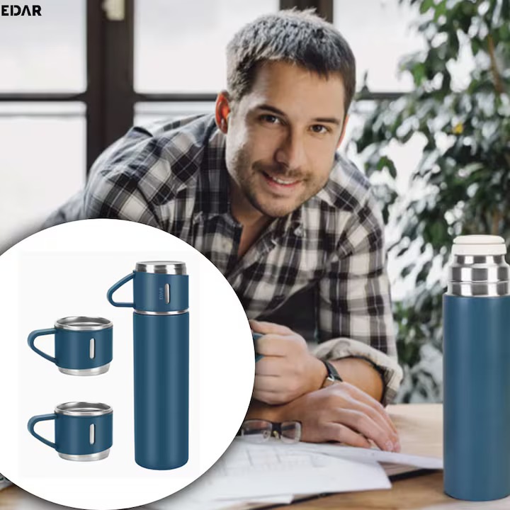 Термос с вътрешна част от неръждаема стомана, 500 ml, двойна стена, комплект от 3 допълнителни чаши, херметично затваряне, устойчив на ръжда и течове, син