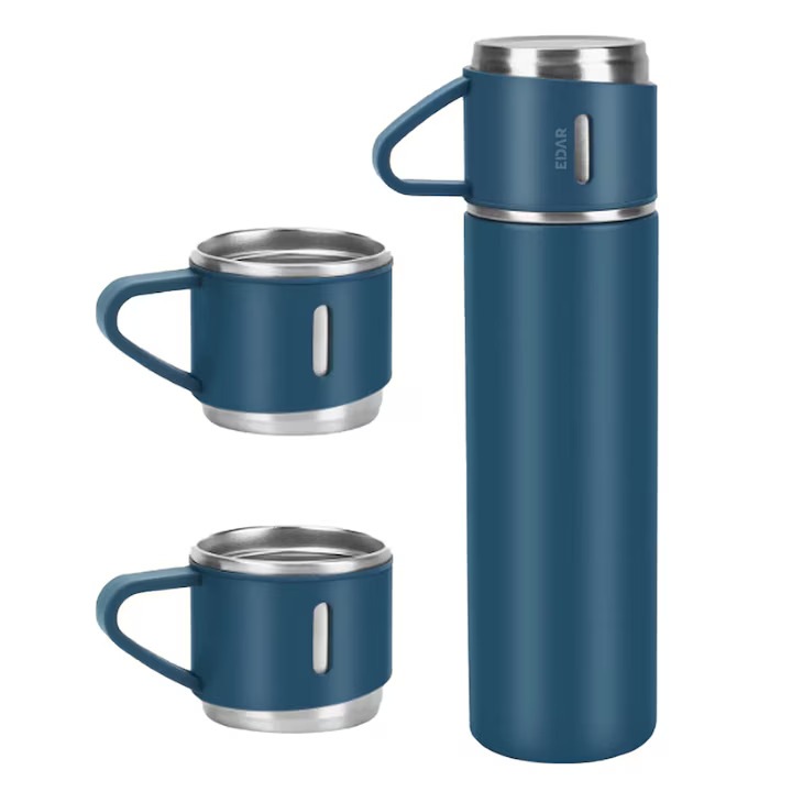 Термос с вътрешна част от неръждаема стомана, 500 ml, двойна стена, комплект от 3 допълнителни чаши, херметично затваряне, устойчив на ръжда и течове, син