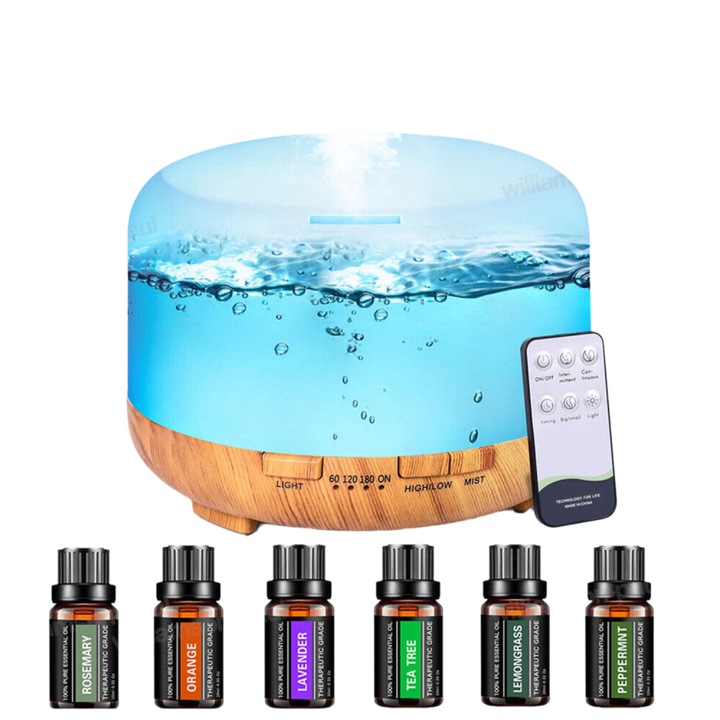 Difuzor de uleiuri esentiale 500 ml, Difuzor de aromoterapie cu design mut cu ultrasunete cu moduri de temporizare cu telecomanda, umidificator cu lumina de noapte in 7 culori pentru biroul acasa Enforose