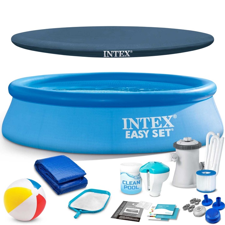 Градински басейн 244x61 см, INTEX, 16 в 1, филтърна помпа, пълни аксесоари, бяло-син