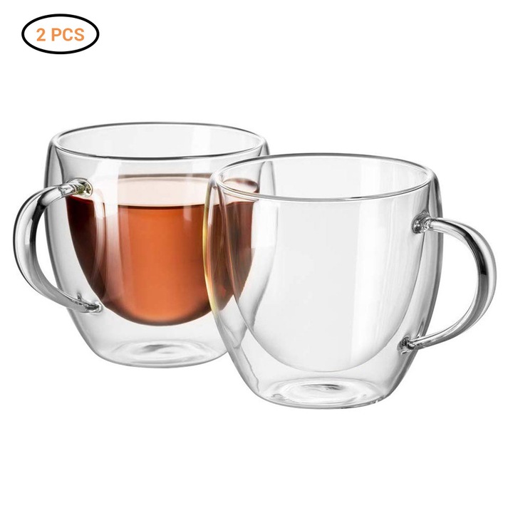Átlátszó üveg bögrék, kézműves design, 2 darabos készlet, 150ml, kávéhoz és teához