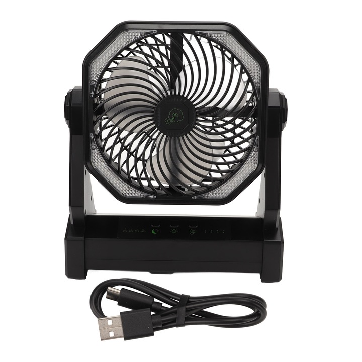 Ventilator de camping reincarcabil Enforose cu lanterna LED si temporizator, 20000mAh, negru