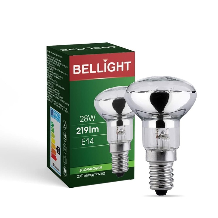 Bec halogen reflector BELLIGHT R39, 28W 230V, soclu E14, cu suprafata oglindata, argintiu, 1 buc